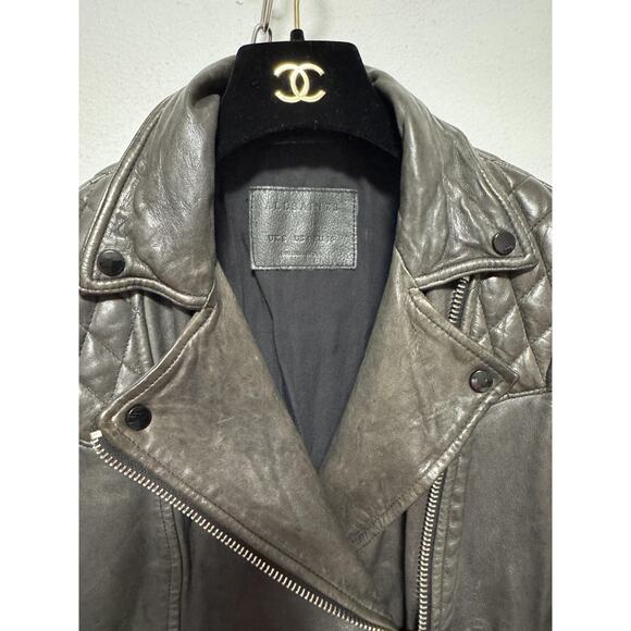 AllSaints Leather Biker Jacket Womens 4 Gray Conroy Quilted Shoulders Moto Zip - Picture 3 of 15